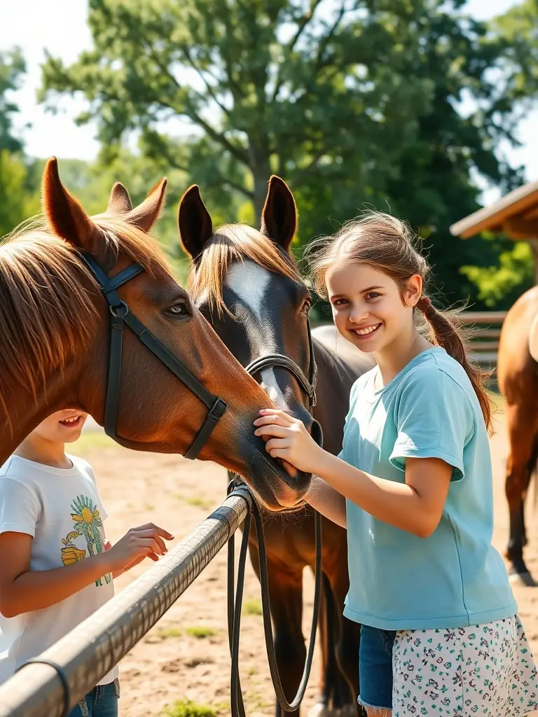 A photograph of children happily interacting with horses during a therapeutic riding session, highlighting the emotional and physical benefits of equine therapy.