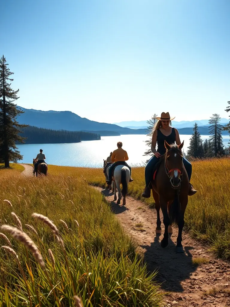 A scenic view of riders enjoying a leisurely horseback ride along the trails surrounding Lac de Guerlédan, showcasing the natural beauty of the area.