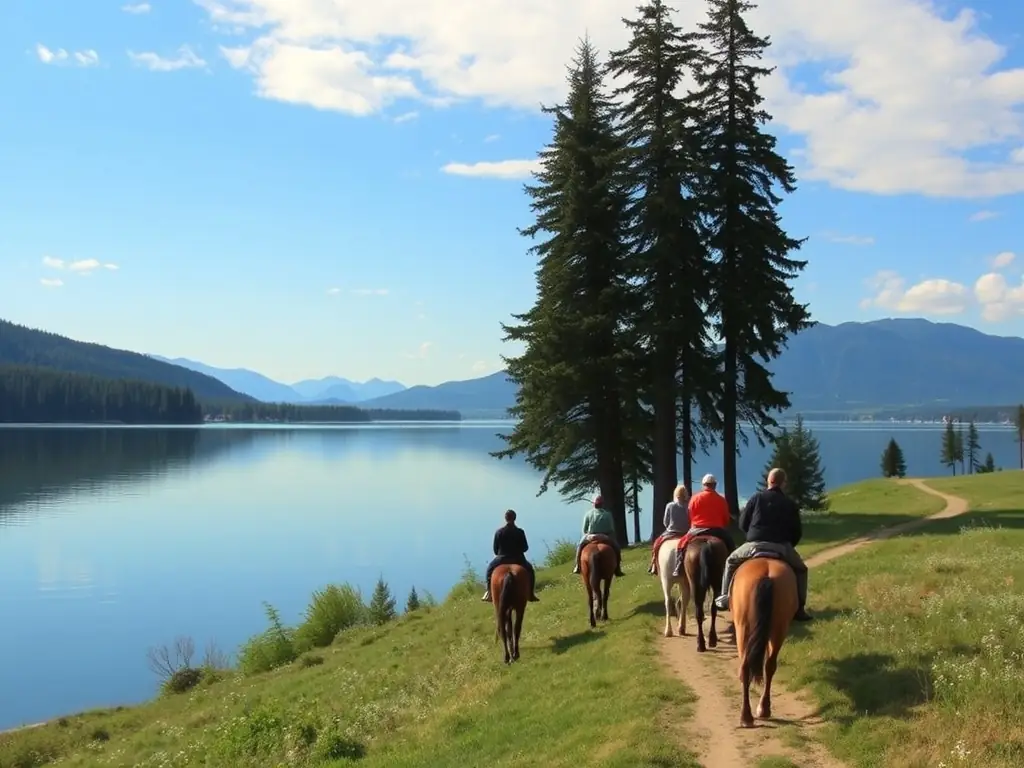 A group of riders participating in a guided trail ride around Lac de Guerlédan, showcasing the scenic beauty and equestrian tourism aspect of LES CHEVAUX DU LAC.