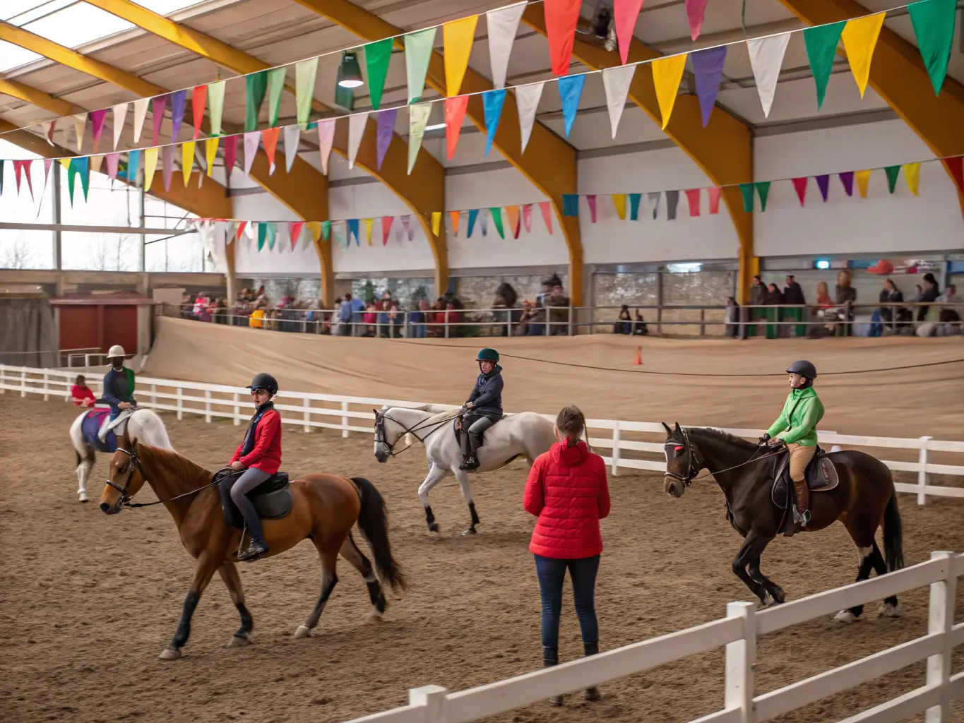 A group of riders participating in an equestrian training session at LES CHEVAUX DU LAC, focusing on skill development and safe riding practices.