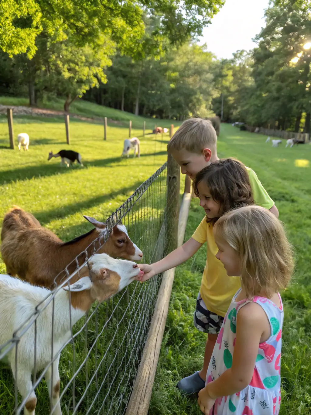 A photograph of children happily interacting with horses during a therapeutic riding session, emphasizing the inclusivity and community engagement of Les Chevaux du Lac.