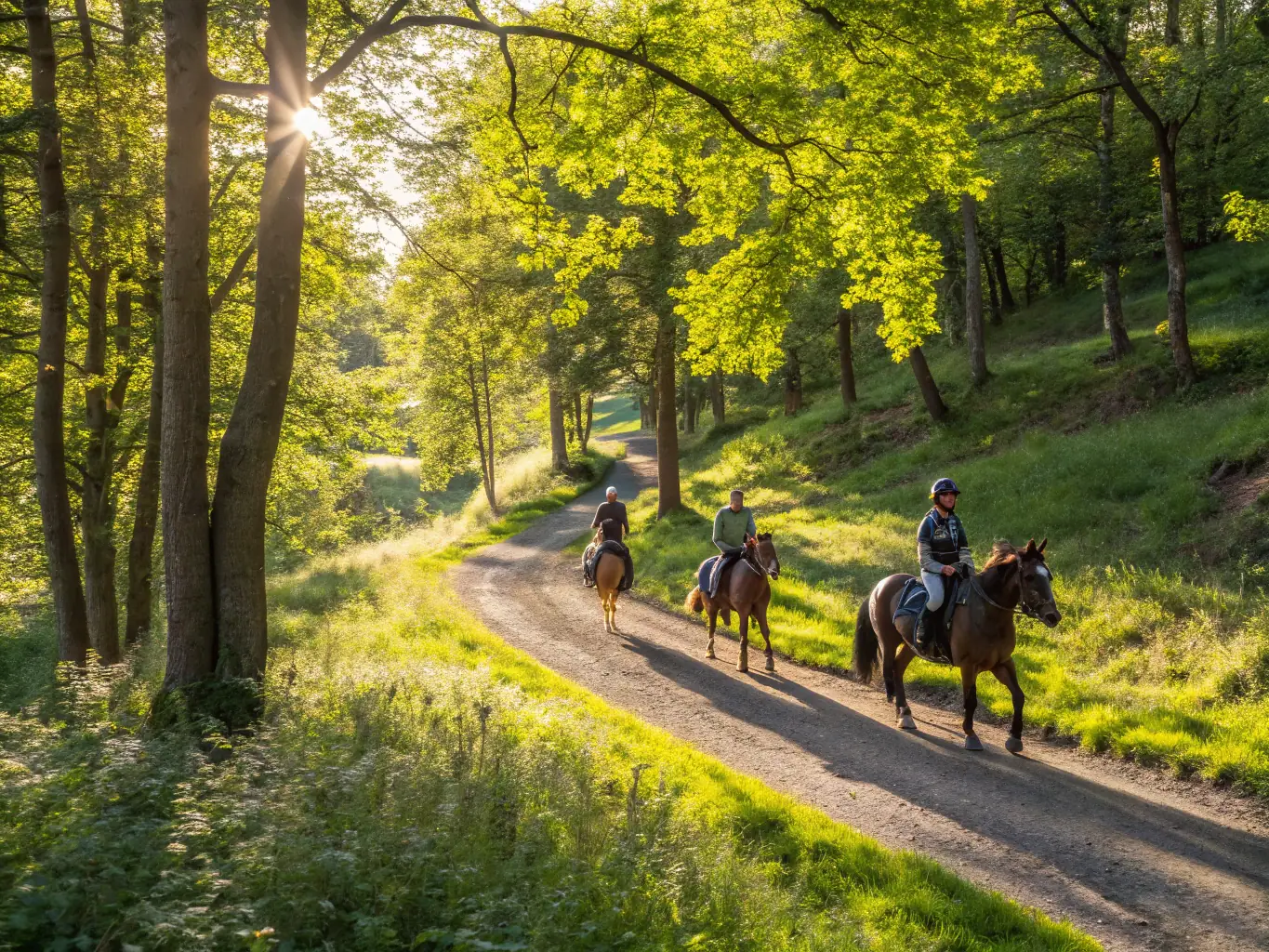 A scenic image of a guided horseback tour around Lac de Guerlédan, showcasing the natural beauty and promoting equestrian tourism.