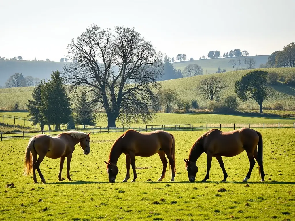 A scenic view of Lac de Guerlédan with horses grazing peacefully in the foreground, symbolizing the natural beauty and tranquility that participants experience at LES CHEVAUX DU LAC.