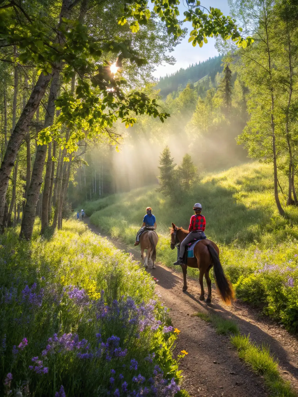 A group of riders participating in a guided trail ride around Lac de Guerlédan, showcasing the scenic beauty and equestrian tourism aspect of Les Chevaux du Lac.