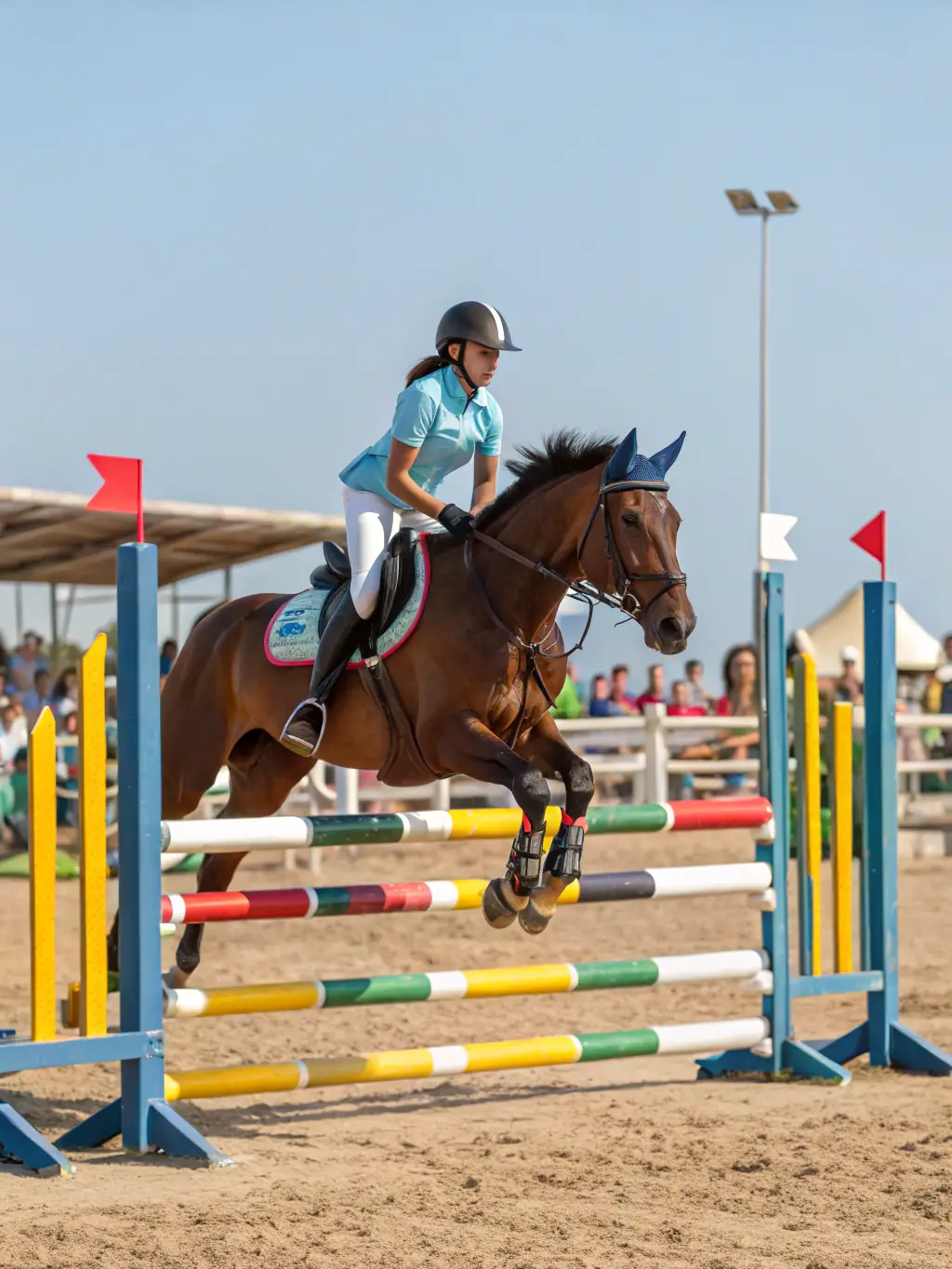 A vibrant image of a horse show event at LES CHEVAUX DU LAC, featuring skilled riders and beautifully groomed horses in a competitive setting.