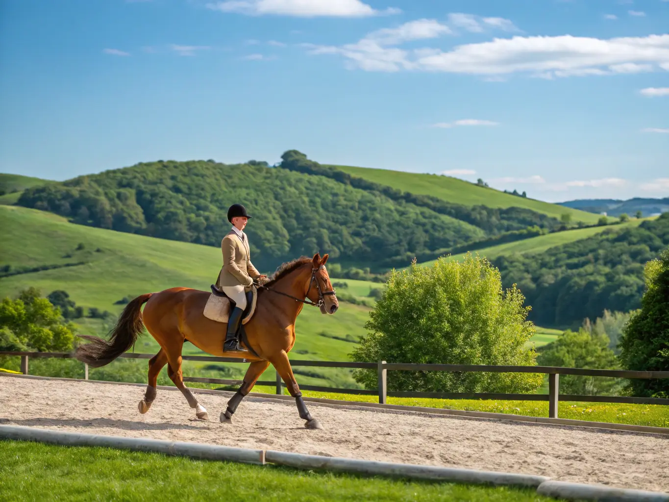 A close-up shot of a horse and rider during an equestrian training session, emphasizing the focus on skill development and horsemanship at LES CHEVAUX DU LAC.