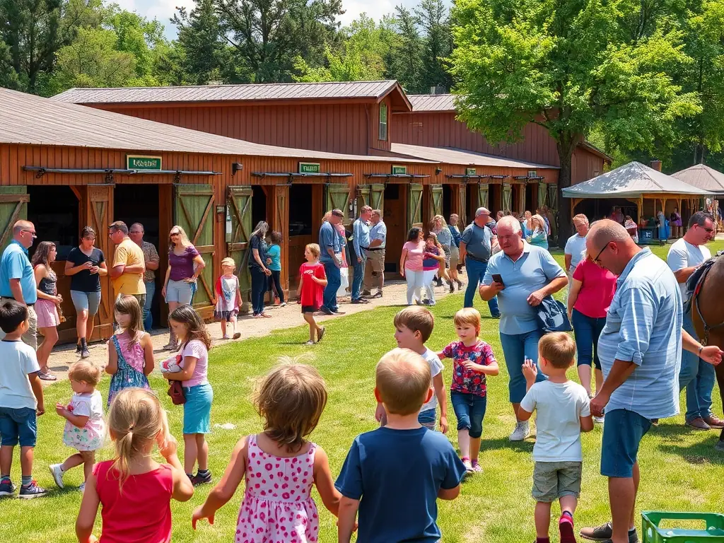 Participants of all ages are engaged in a horse care workshop, learning about grooming, feeding, and general horse well-being at LES CHEVAUX DU LAC.